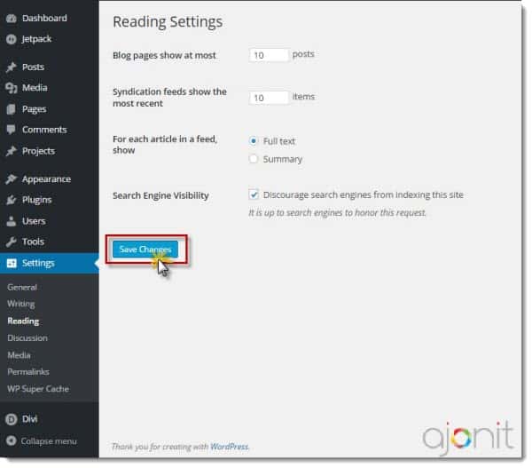 WordPress Dashboard Settings Reading