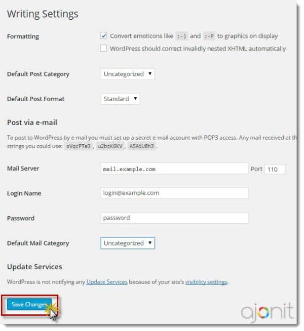 WordPress Dashboard Settings Writing